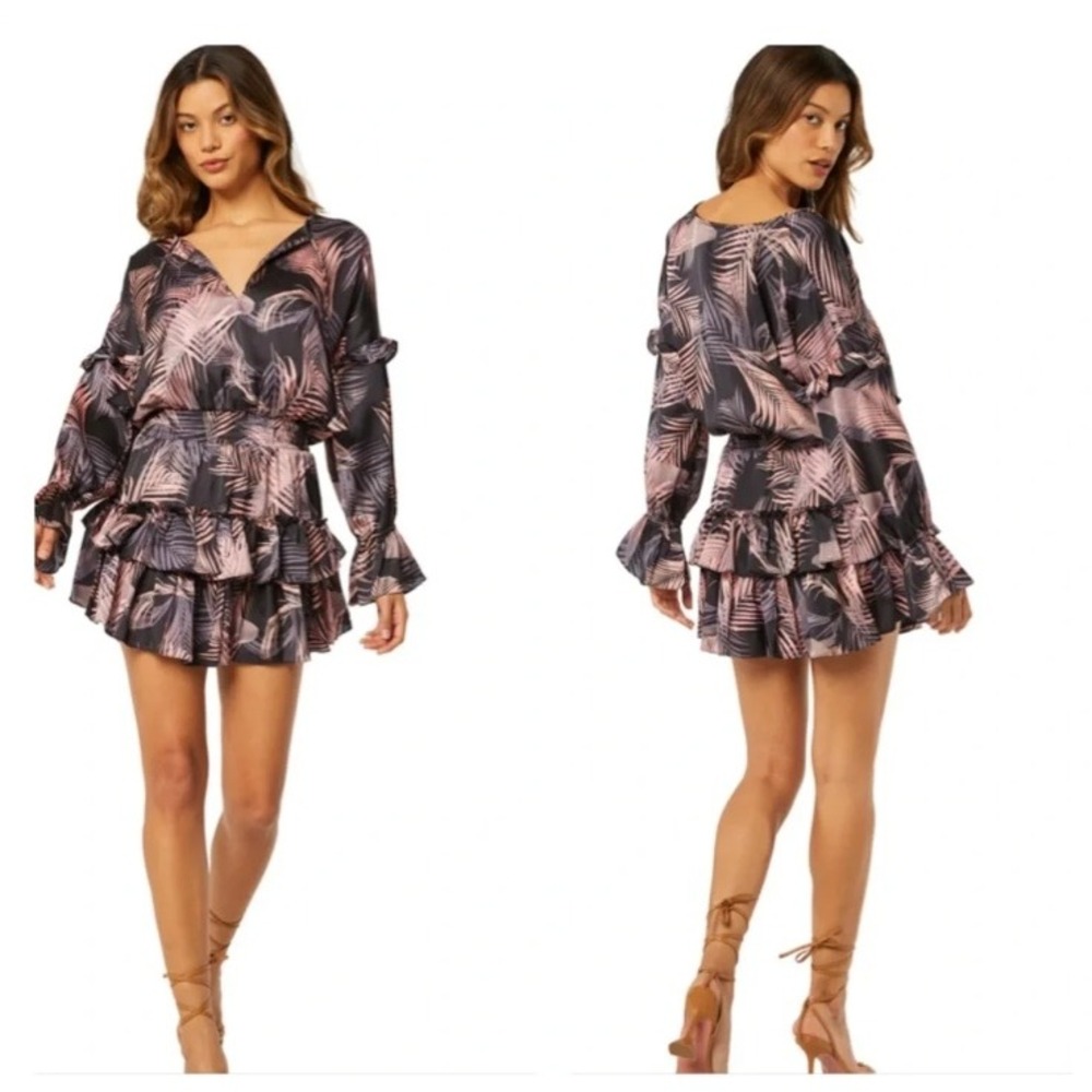 MISA Los Angeles Amalya Dress Size S Tropical Palm‎ Ruffle Smocked Boho Mini LS